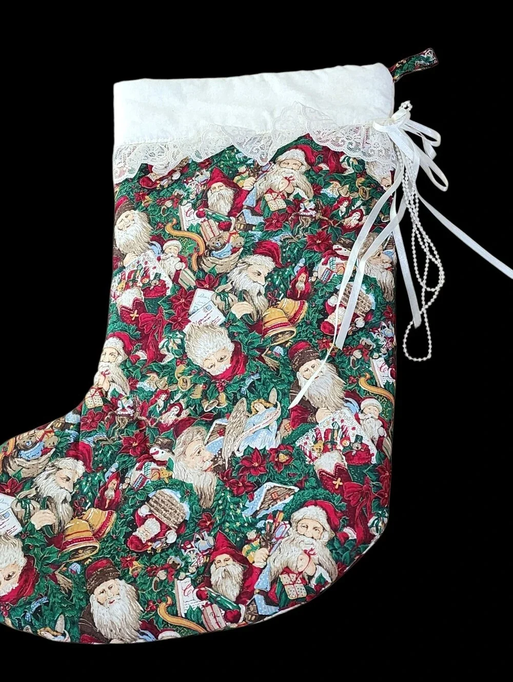 Handmade Christmas Stocking Old World Santa's Lace Ribbon 